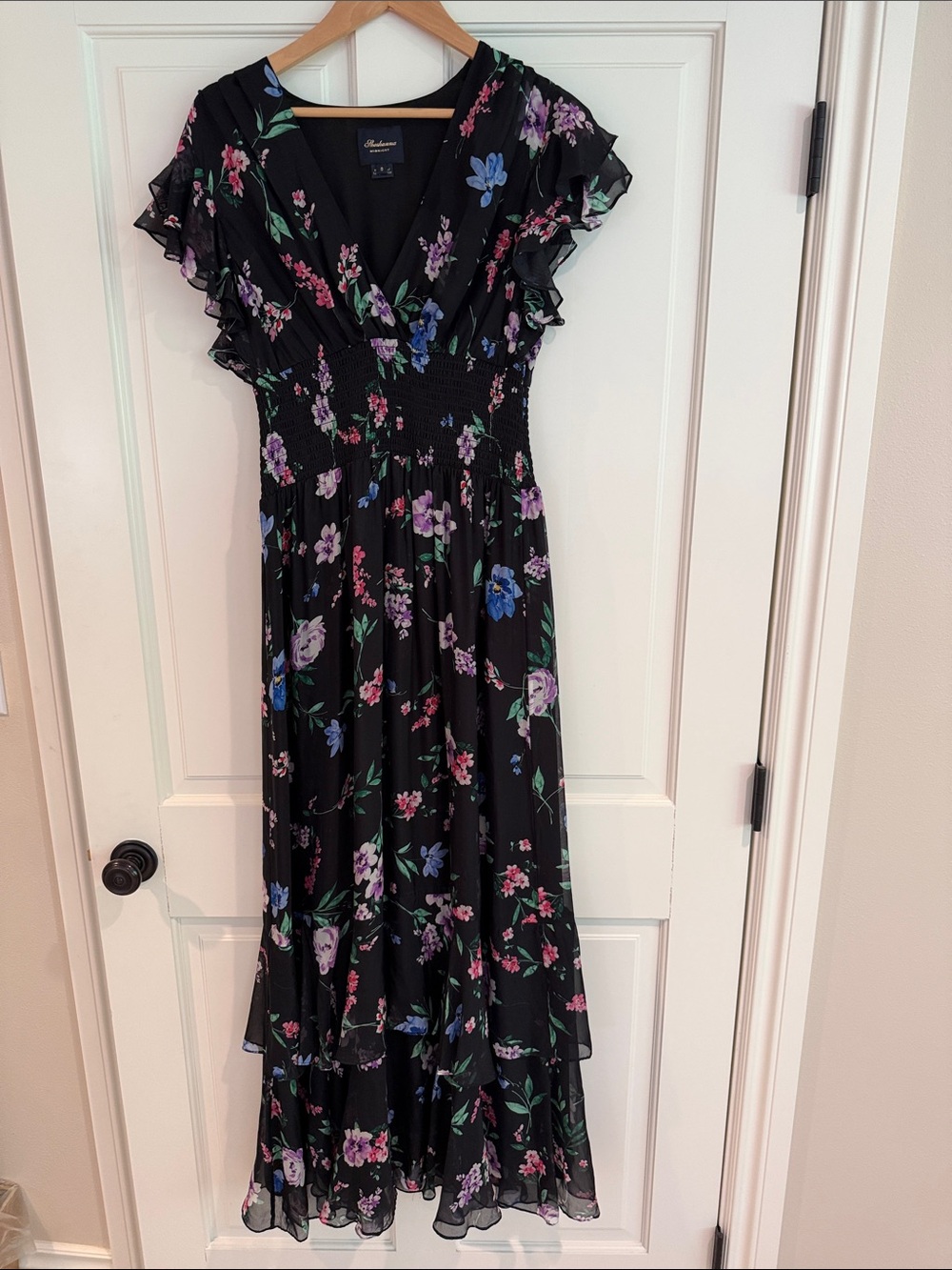 Shoshanna Black Floral Maxi Dress with Ruffle Sleeves